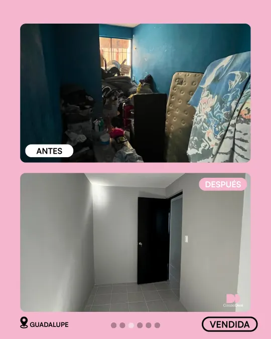 Cuarto antes lleno de muebles y basura; después limpio, con piso y puerta nuevos. Vendida.